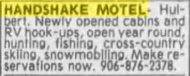 Handshake Motel (Cadys Cove Cabins, Cadys Motel, Cadys Motel) - 1988 Classified Ad